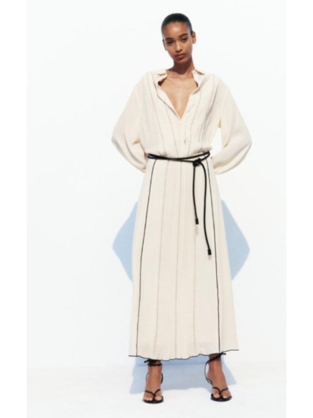 ZARA Ivory Pleated Midi Skirt Size M Contrast Trim Satin A-Line Elegant